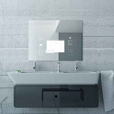 Dunkles Waschbecken mit smartem Spiegel