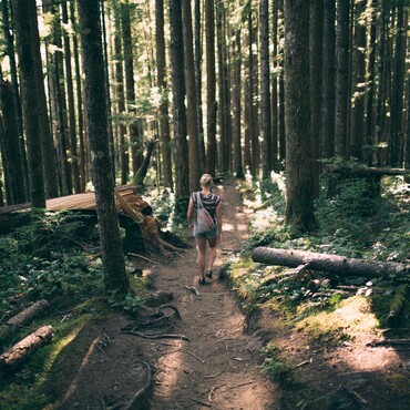 Frau geht über Waldweg