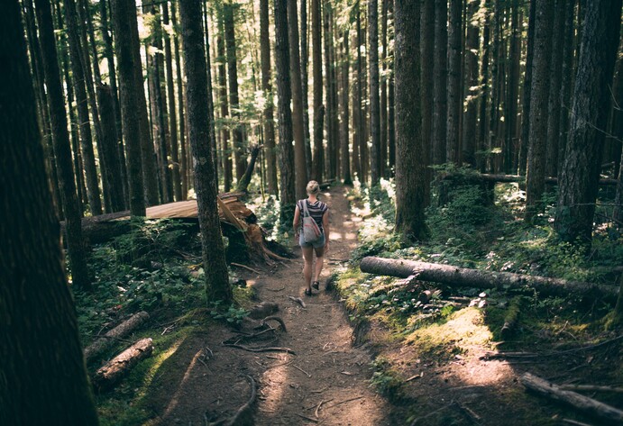 Frau geht über Waldweg