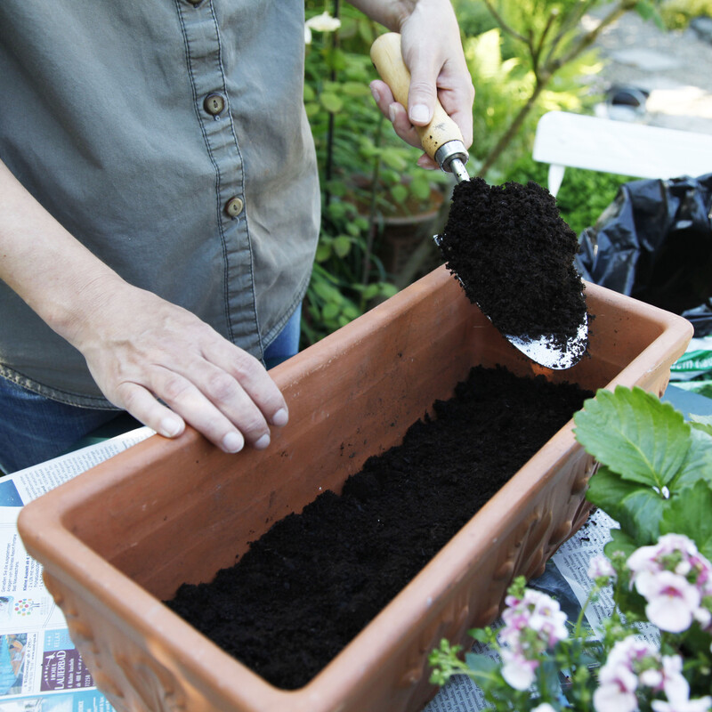 Erde in den Blumenkasten füllen