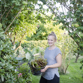 Frau hält Korb mit Ernte aus dem Schrebergarten