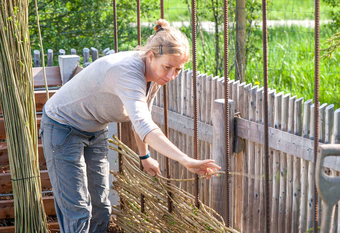 Eine Frau baut eine Rankhilfe aus Weide