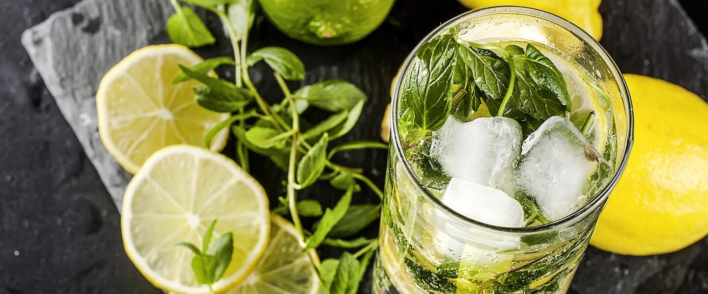 Mojito Cocktail mit Eisw&uuml;rfeln und Zitronen
