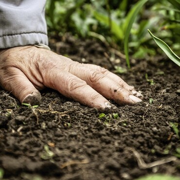 Hand fasst in frische Erde