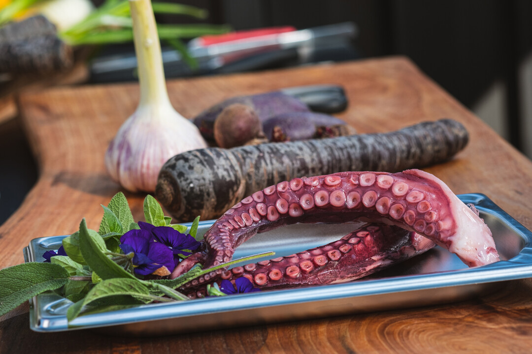 Wildkräutersalat mit gerösteten Kichererbsen, Kürbisspalten, Schafskäse ...