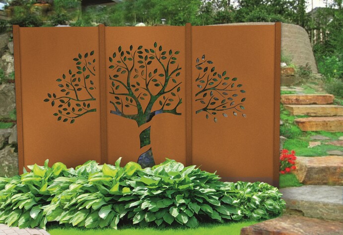 Dreiteiliges Sichtschutzelement aus Corten-Stahl