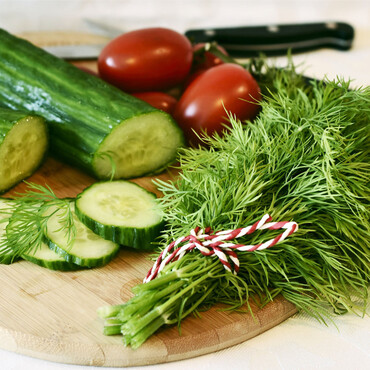 Dill liegt mit Gemüse auf Schneidebrett