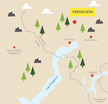 Illustrierte Karte mit der Lage des Verzascatals