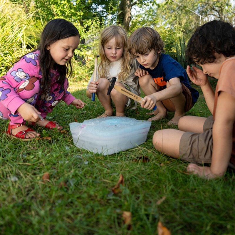 Eine Gruppe Kinder hat mit Hammer aus Eisblock im Garten