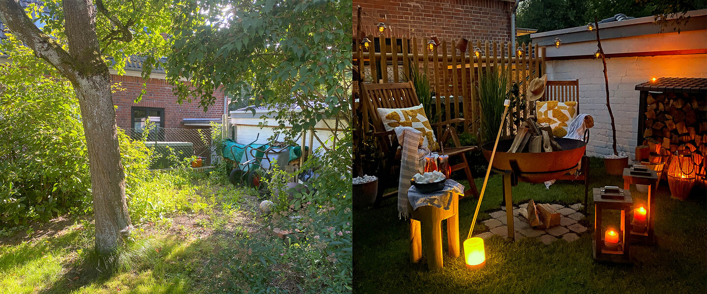 Gartenecke vorher bei Tag und nachher beleuchtet bei Nacht
