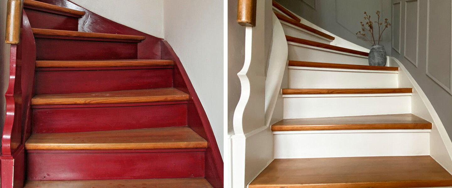 Treppenhaus vor und nach der Renovierung, Treppe links einmal in rot und rechts einmal in weiß gestrichen