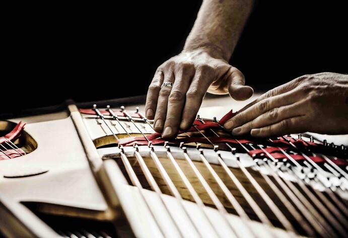 Einsetzen der Filze bei den Saiten eines Steinway-Fl&uuml;gels