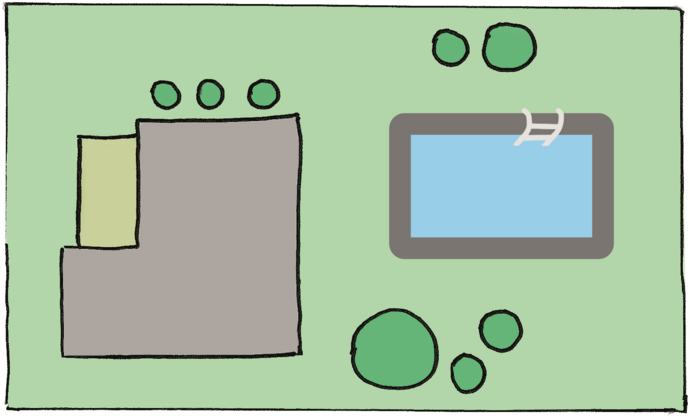 Zeichnung eines mittelgroßen Pools im Garten aus der Vogelperspektive