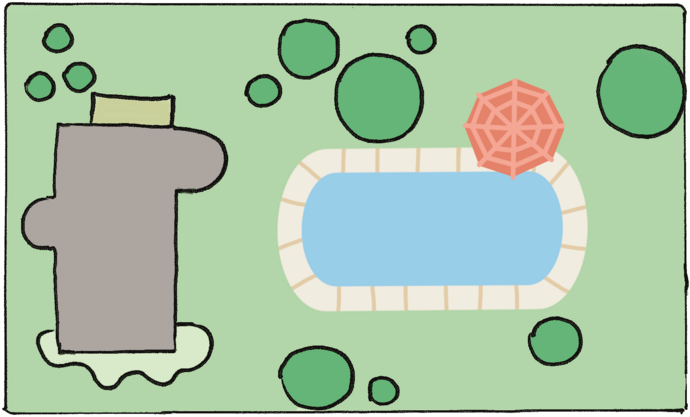 Zeichnung eines großen Pools im Garten aus der Vogelperspektive