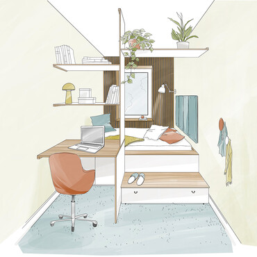 Kolorierte Illustration eines schmalen Schlafzimmers mit Schreibtisch