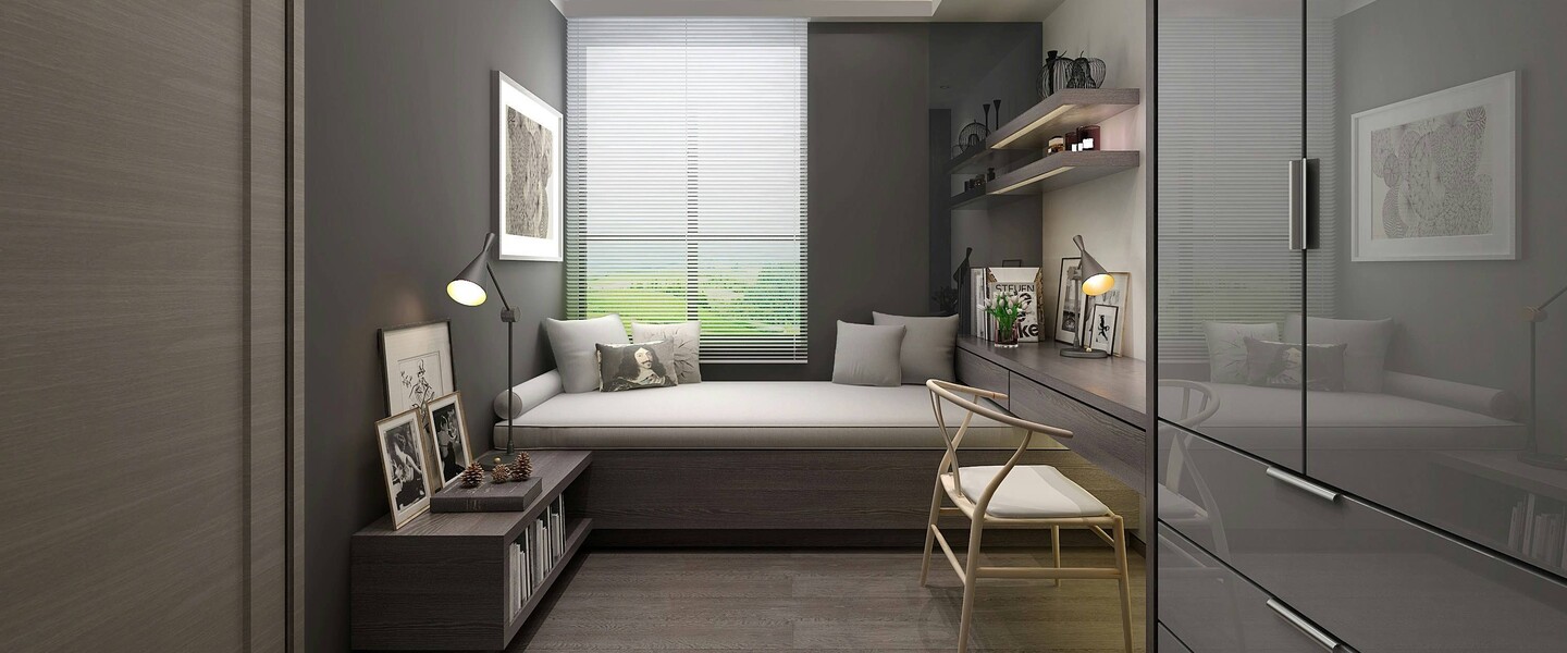 Schmales Schlafzimmer mit Arbeitsplatz und Schrank