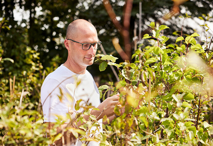 Mann mit Brille (Geschäftsführer Johannes Huber von Samen Maier) im Garten seines Unternehmens