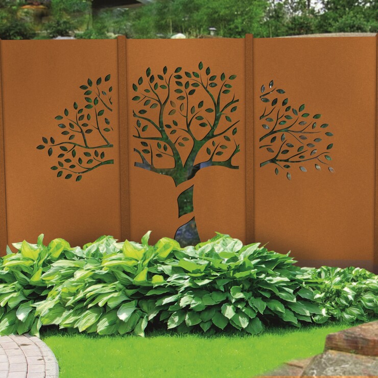 Dreiteiliges Sichtschutzelement aus Corten-Stahl