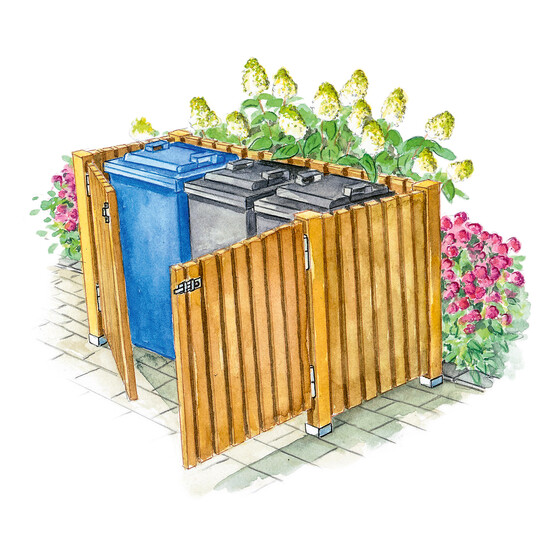 Mülltonnen verstecken in einer Box aus Holzlatten