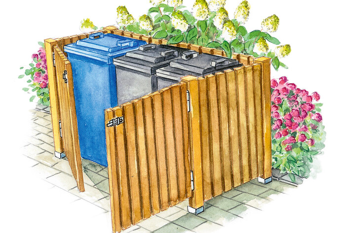 Mülltonnen verstecken in einer Box aus Holzlatten