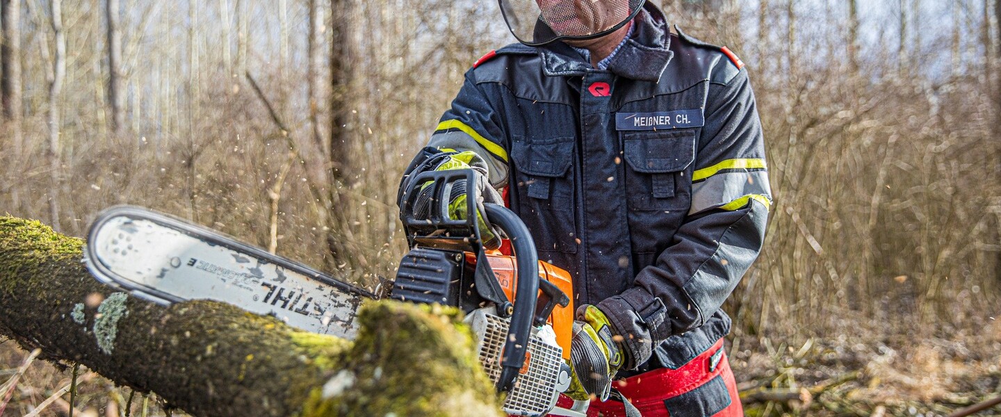 Mann sägt mit Kettensäge einen Baum entzwei
