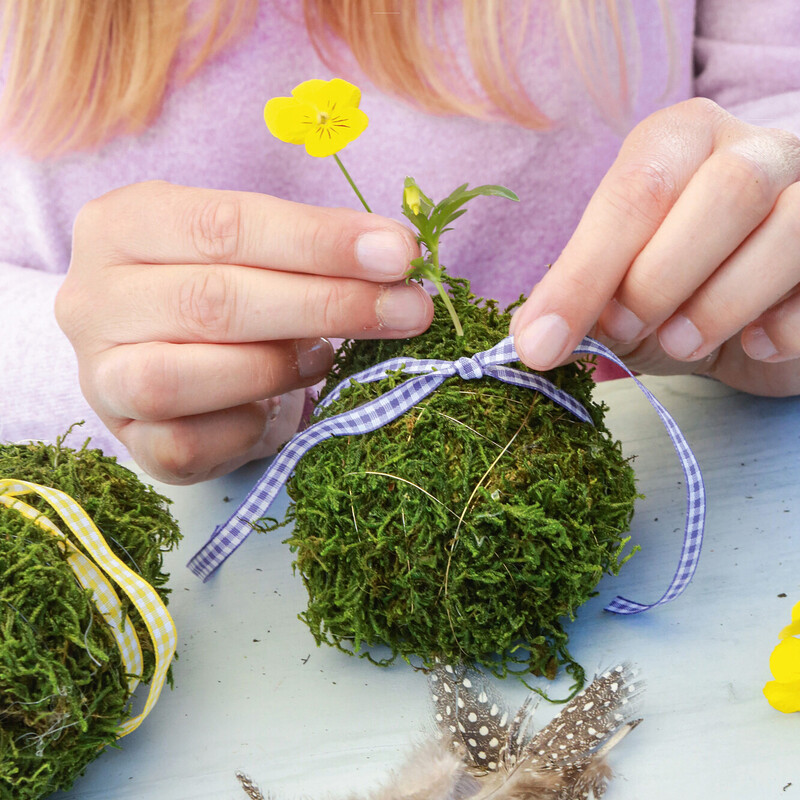 Osterdeko: Moos-Ei mit Blumen verzieren