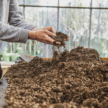 Mann nimmt Erde mit seinen H&auml;nden aus einem Erdhaufen