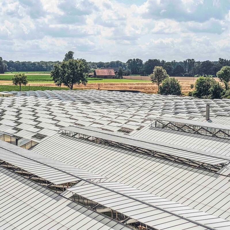 Gew&auml;chshaus von oben in idyllischer Landschaft