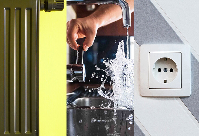 Heizung, Wasserhahn mit überlaufendem Glas, Steckdose