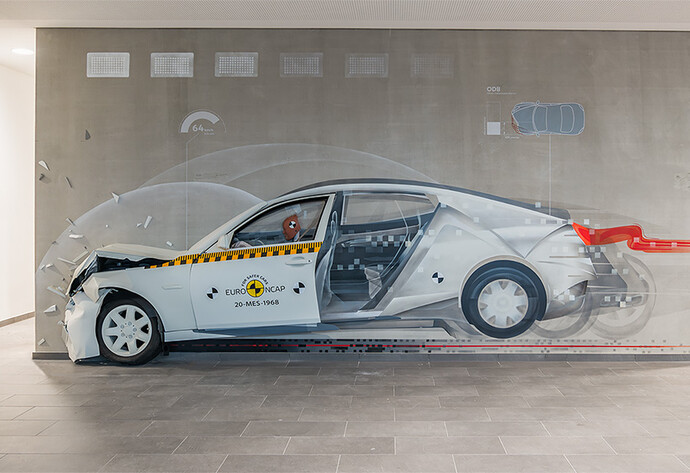 Eine Wand mit einem aufgemalten Crash-Test-Fahrzeug