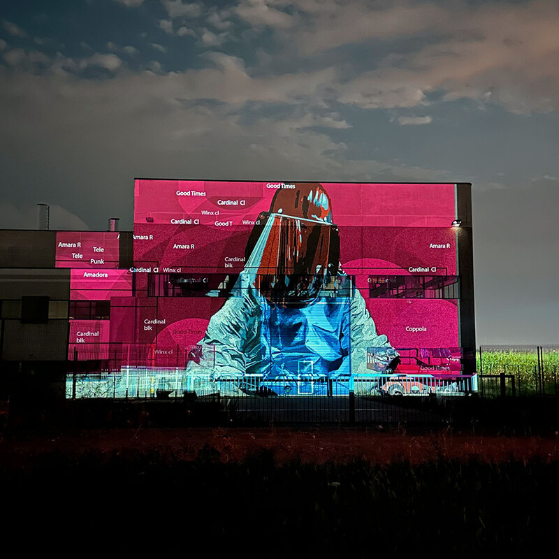 Beleuchtete Hauswand in der Abenddämmerung