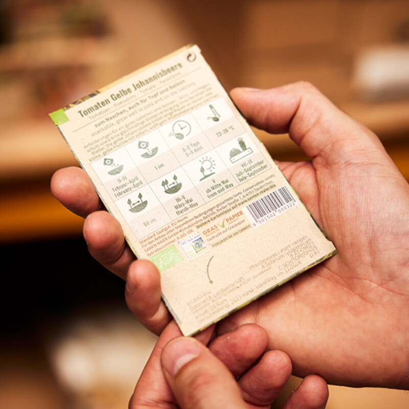 Hand h&auml;lt Verpackung mit Bio-Samen, die aus umweltfreundlichen Graspapier bestehen