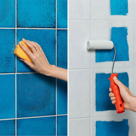 Blaue Fliesen werden überstrichen mit weißer Farbe