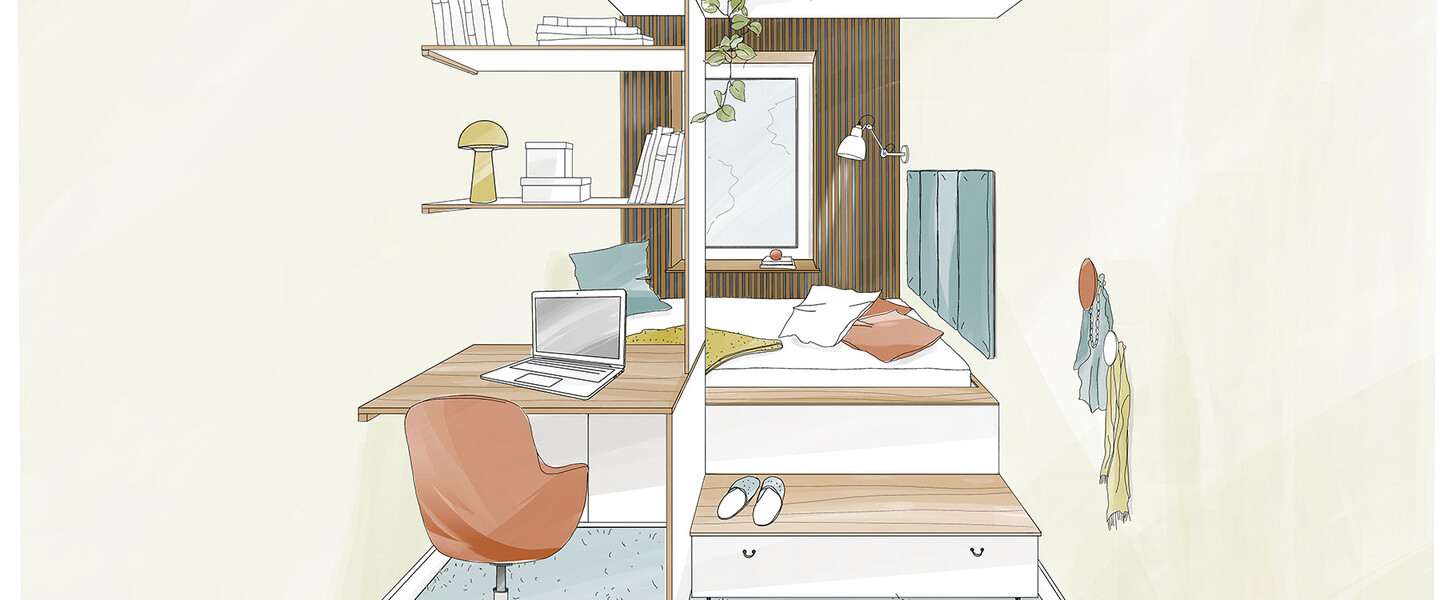 Kolorierte Illustration eines schmalen Schlafzimmers mit Schreibtisch