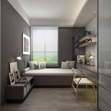 Schmales Schlafzimmer mit Arbeitsplatz und Schrank