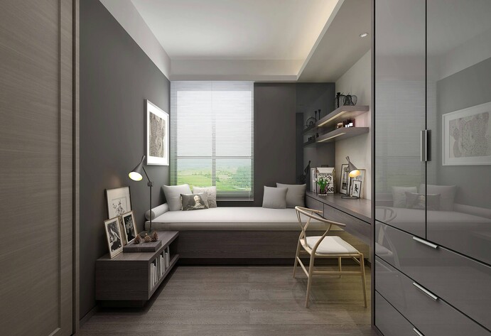 Schmales Schlafzimmer mit Arbeitsplatz und Schrank